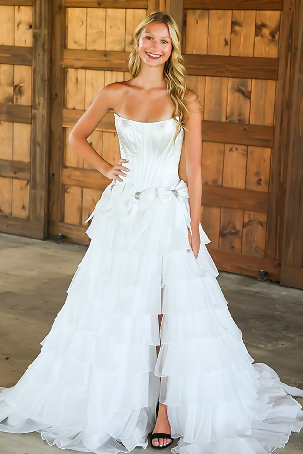 Fuchsia Strapless A-Line Ruffled Long Corset Prom Dress with Bows