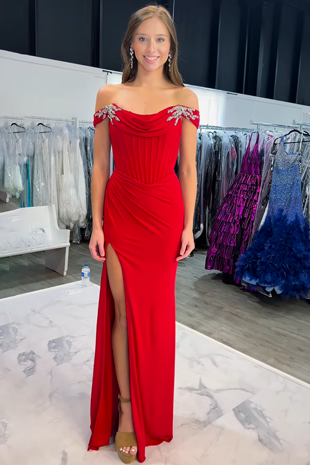 Red Off the Shoulder Mermaid Satin Long Corset Prom Dress with Slit