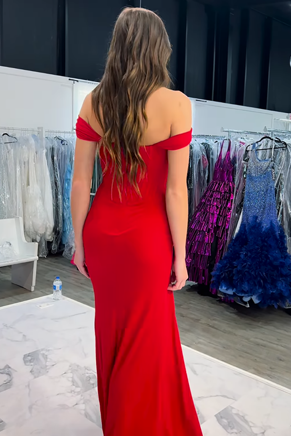 Red Off the Shoulder Mermaid Satin Long Corset Prom Dress with Slit