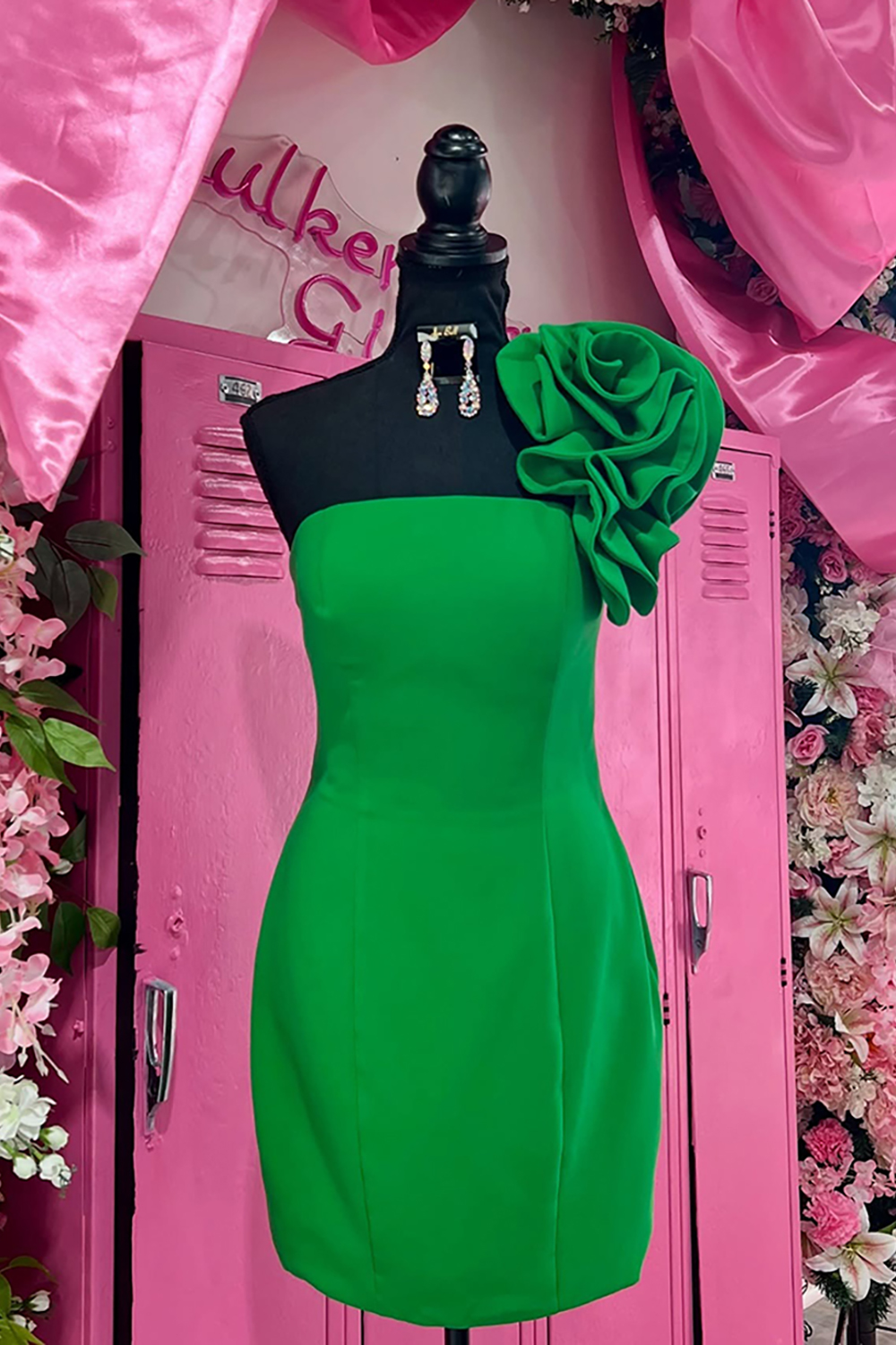 Simple Black One Shoulder Satin Tight Homecoming Dress with 3D Flower