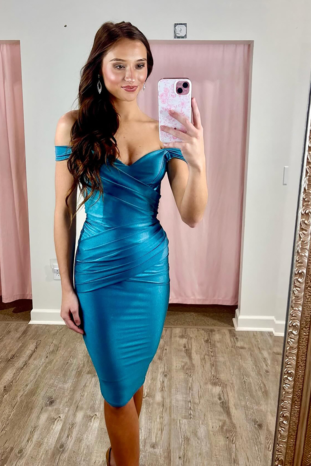 Simple Red Off the Shoulder Satin Tight Midi Homecoming Dress