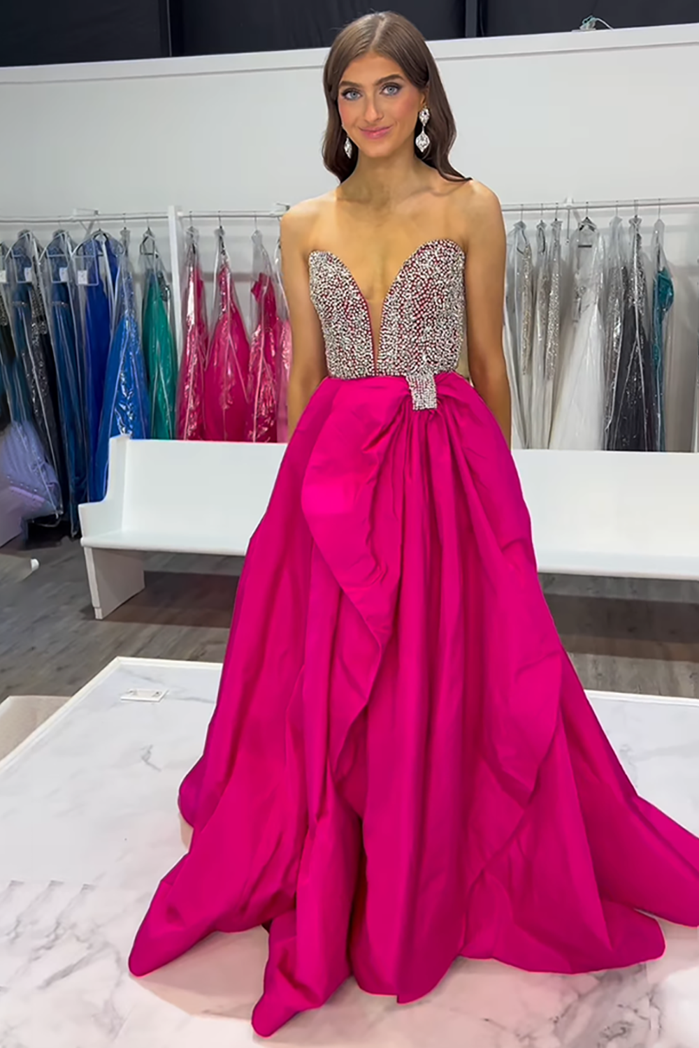 Hellymoon Women Sparkly Fuchsia Long Satin Prom Dress with Beading Sweetheart A-Line Pageant Dress