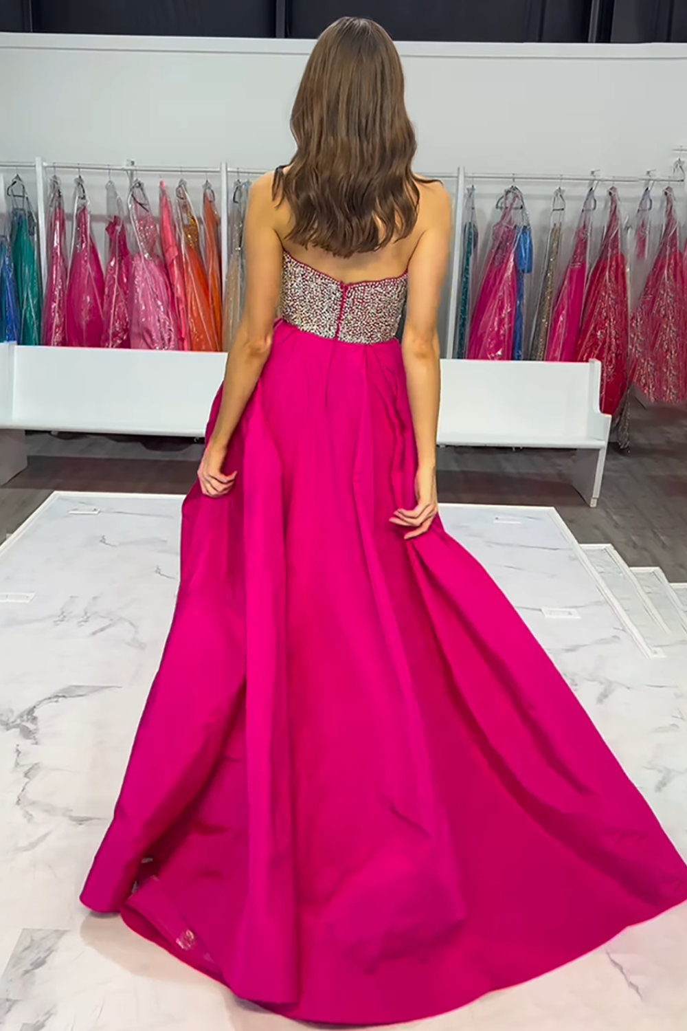 Sparkly Fuchsia Sweetheart A-Line Satin Long Prom Dress with Beading