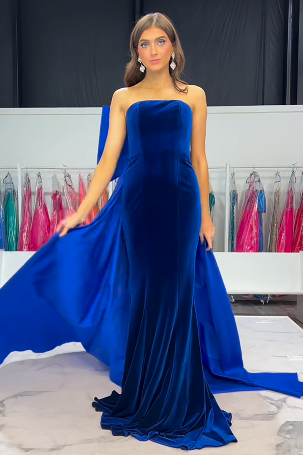 Royal Blue Strapless Mermaid Velvet Long Prom Dress with Bow