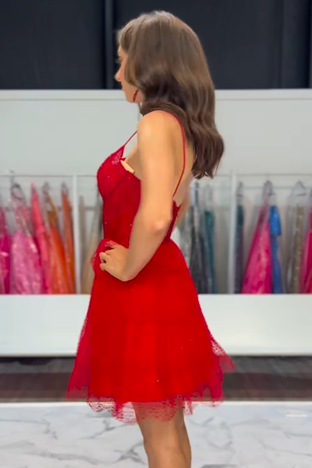 Sparkly Spaghetti Straps Red Tulle Corset A-Line Short Homecoming Dress with Beading