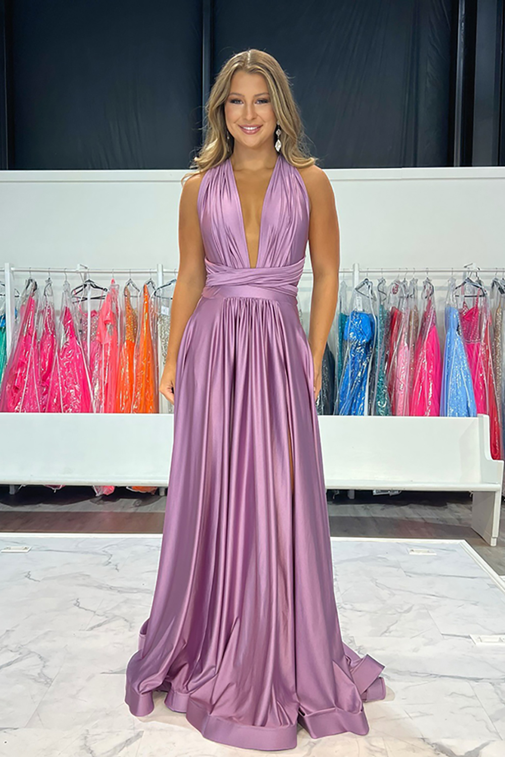 Simple Purple V-Neck A-Line Satin Long Prom Dress