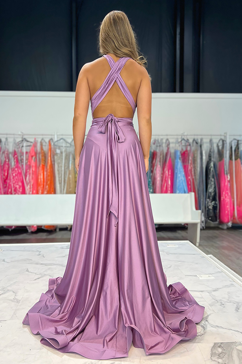 Simple Purple V-Neck A-Line Satin Long Prom Dress
