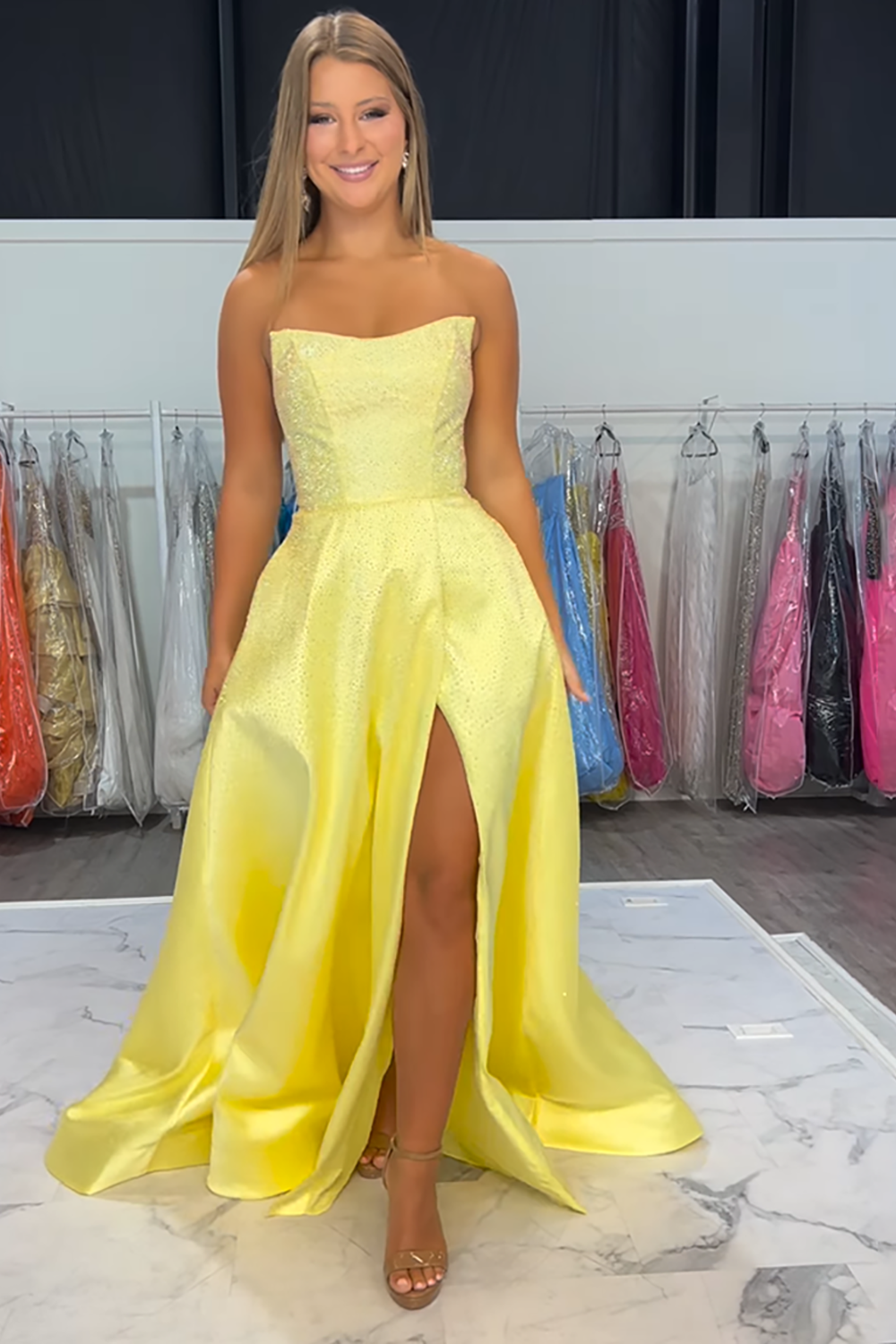 Sparkly Yellow Strapless A-Line Satin Long Prom Dress with Beading