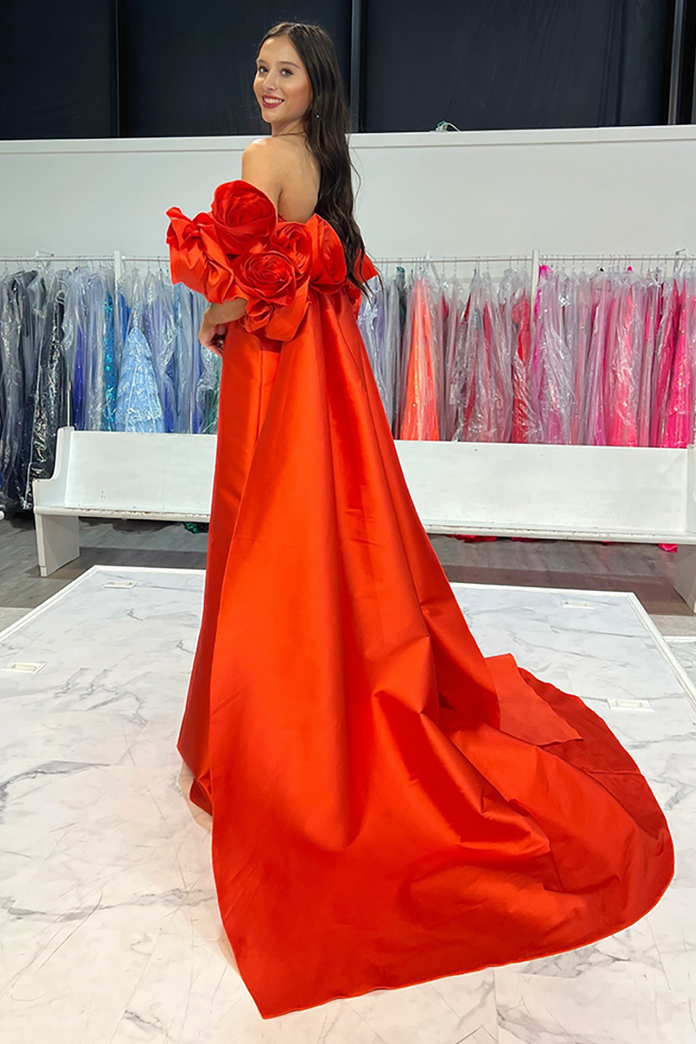 Red Strapless Satin Detachable Cape Long Prom Dress with 3D Flowers
