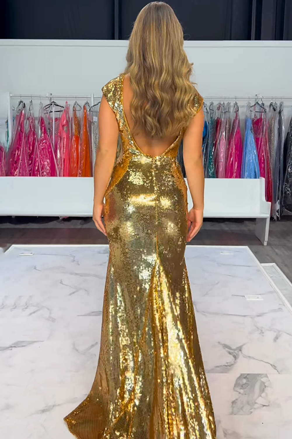 Sparkly Gold Sequin Mermaid V-Neck Cap Sleeves Long Prom Dress 