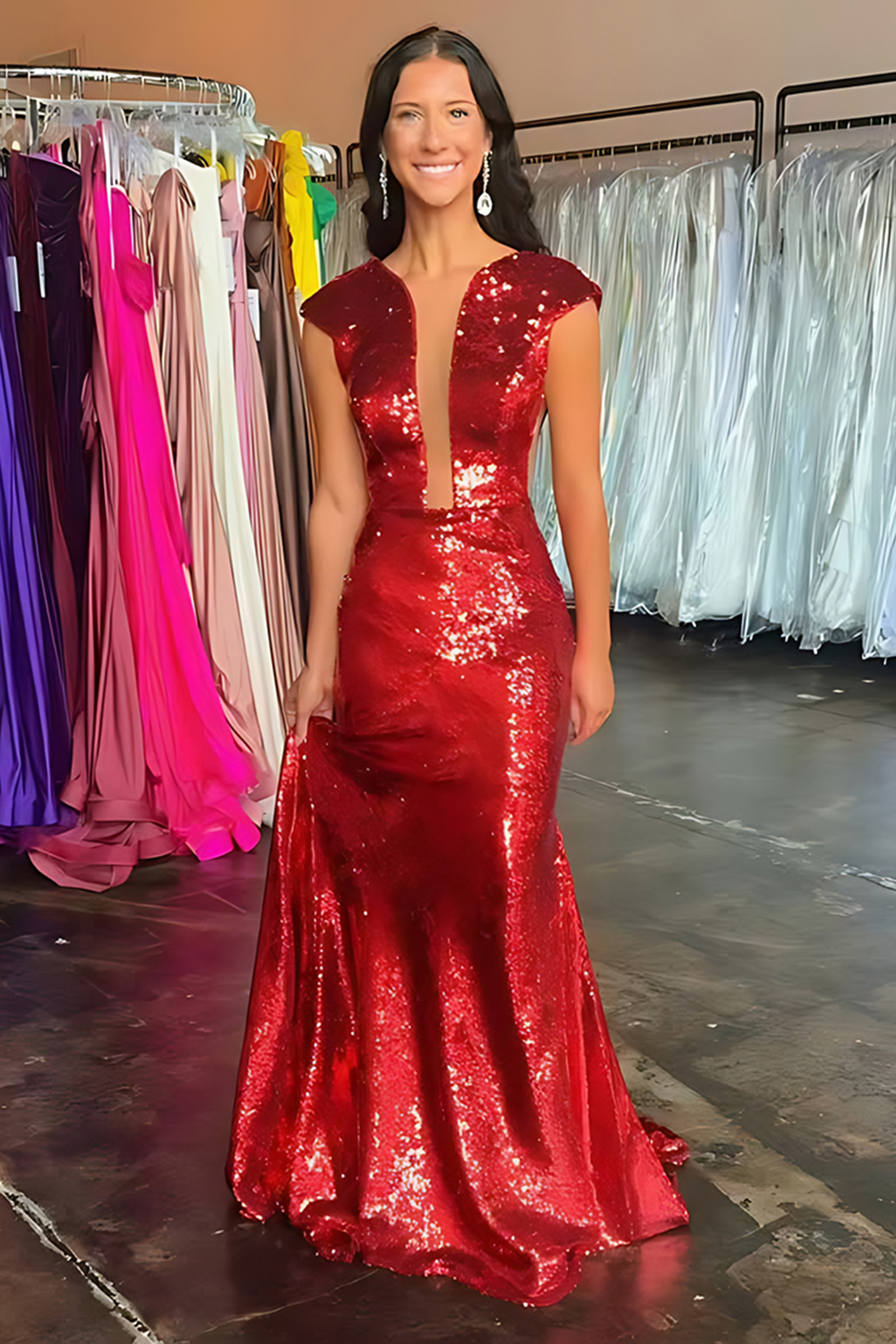 Sparkly Gold Sequin Mermaid V-Neck Cap Sleeves Long Prom Dress 