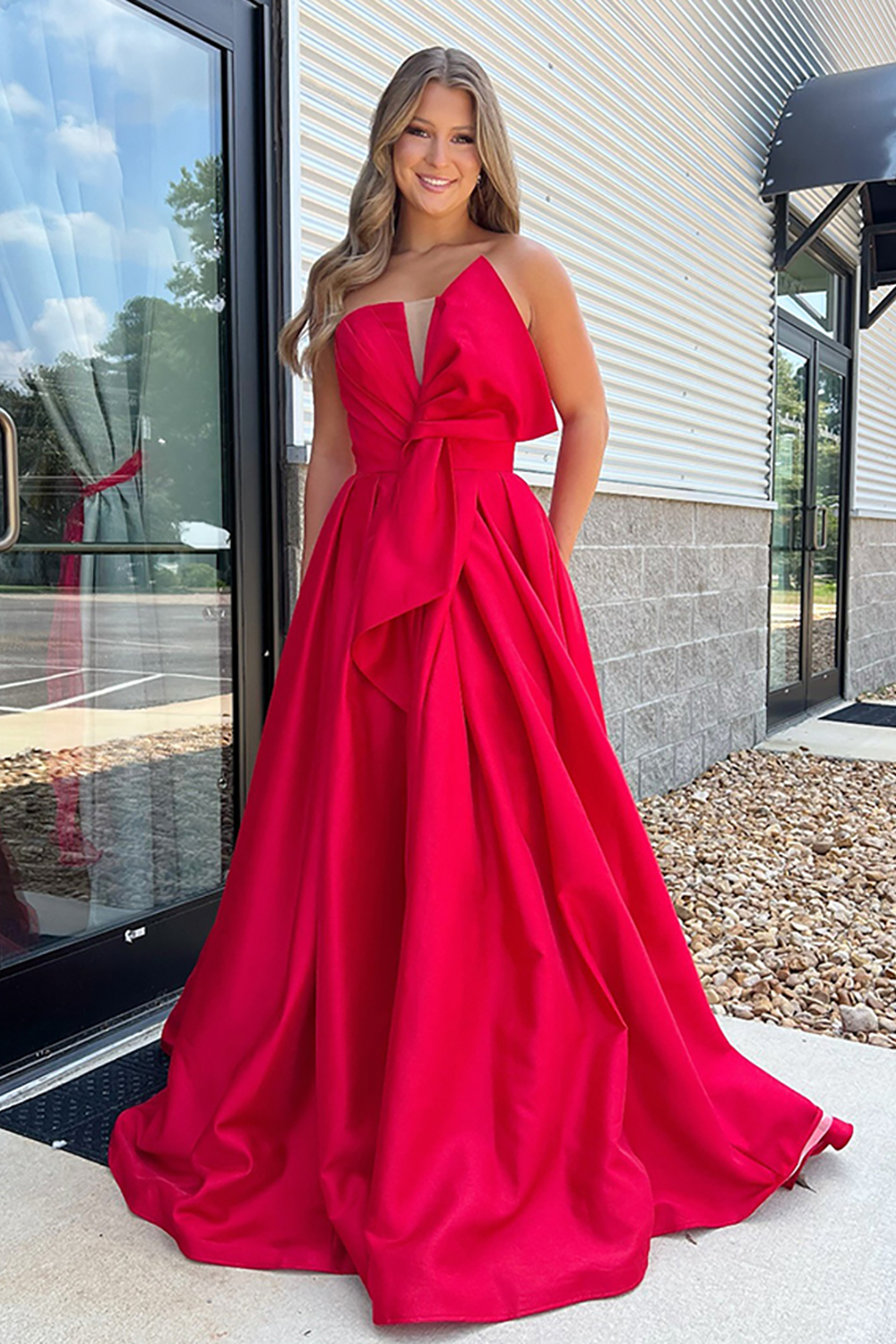 Simple Red Strapless Satin A-Line Long Prom Dress with Bow