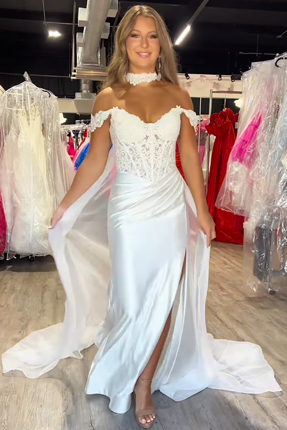 White Off the Shoulder Satin Detachable Cape Mermaid Long Prom Dress with Slit