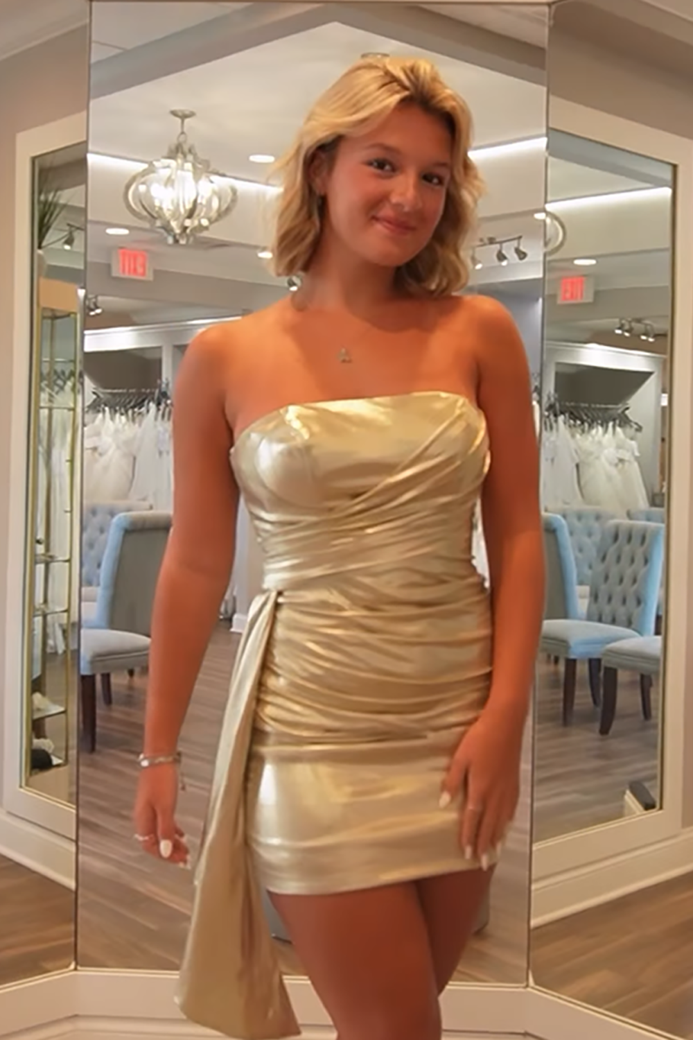 Sparkly Gold Strapless Metallic Tight Short Homecoming Dress with Side Cape