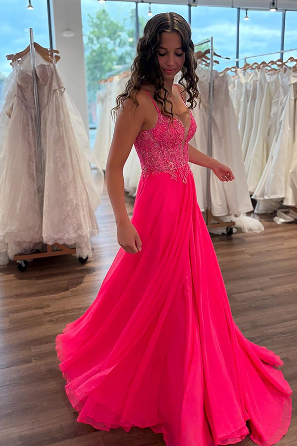 Coral Spaghetti Straps Chiffon A-Line Long Corset Prom Dress with Appliques