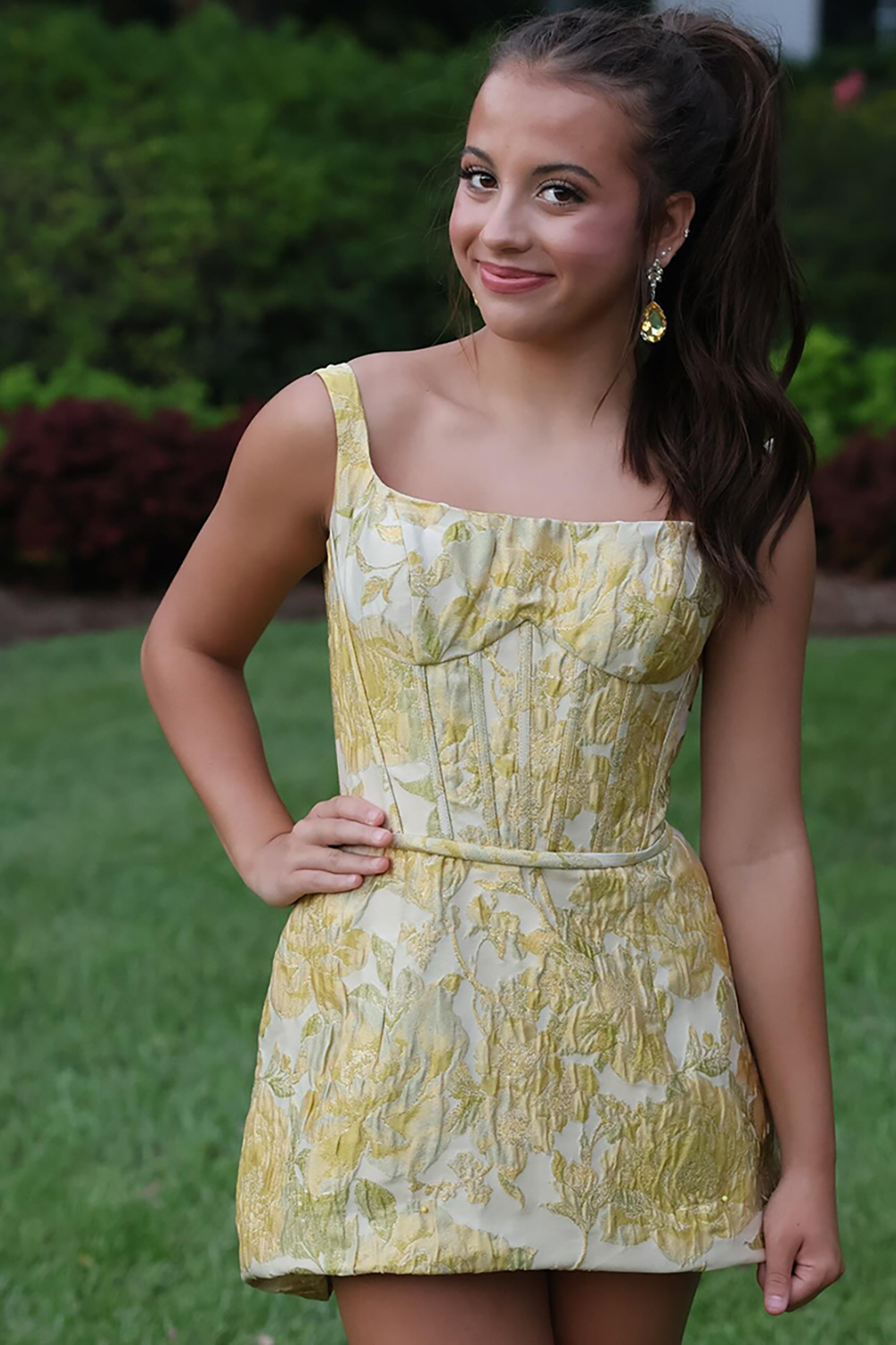 Yellow Floral Thick Straps A-Line Short Homecoming Dress