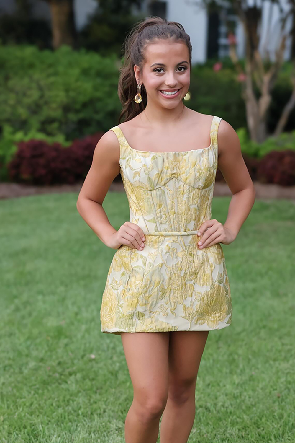 Yellow Floral Thick Straps A-Line Short Homecoming Dress