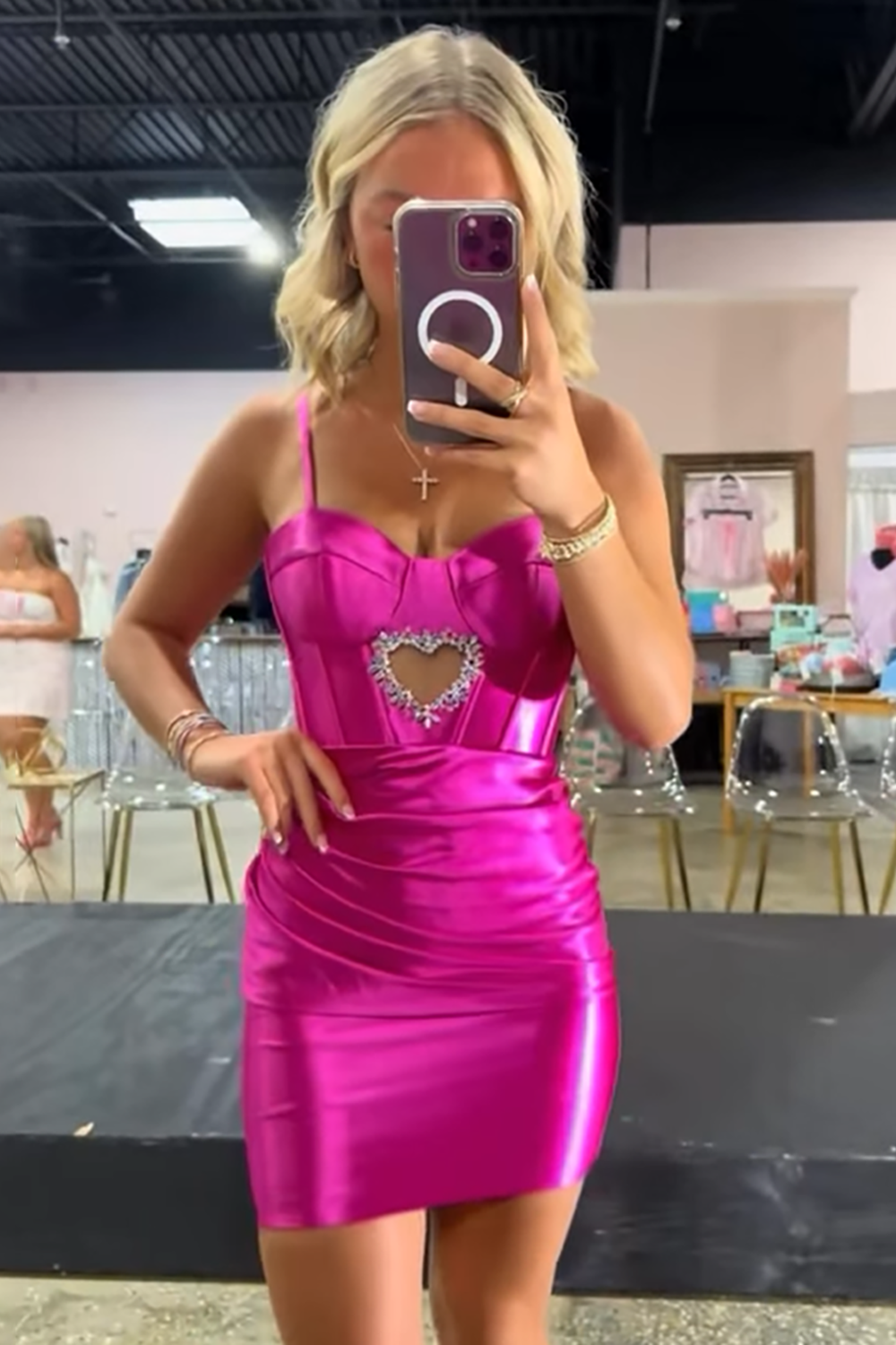 Sparkly Fuchsia Spaghetti Straps Satin Corset Tight Short Homecoming Dress with Beading