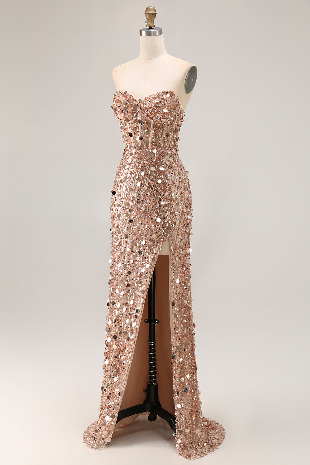 Sparkly Champagne Mermaid Sequins Long Corset Prom Dress with Slit
