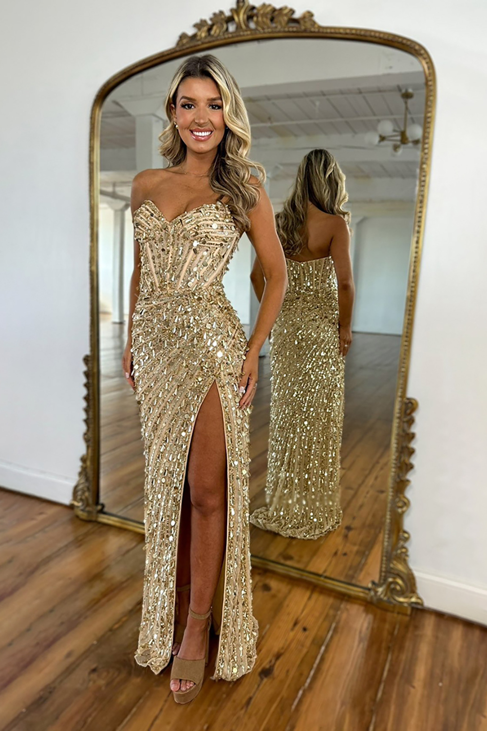 Sparkly Gold Mermaid Sequins Sweetheart Long Corset Prom Dress with Slit