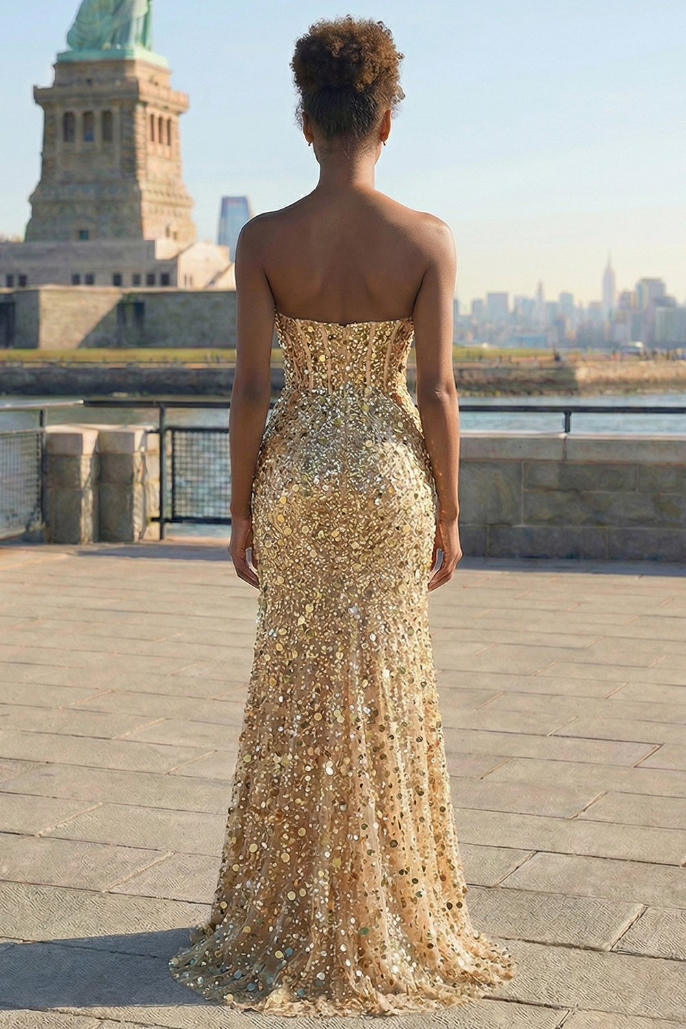 Sparkly Gold Mermaid Sequins Long Corset Prom Dress with Slit