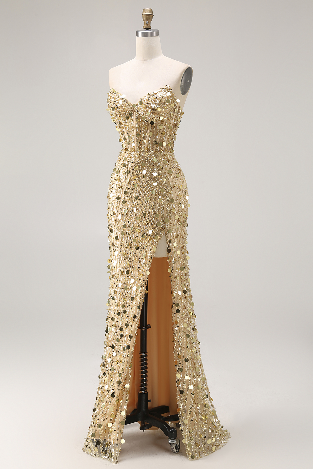 Sparkly Champagne Mermaid Sequins Long Corset Prom Dress with Slit