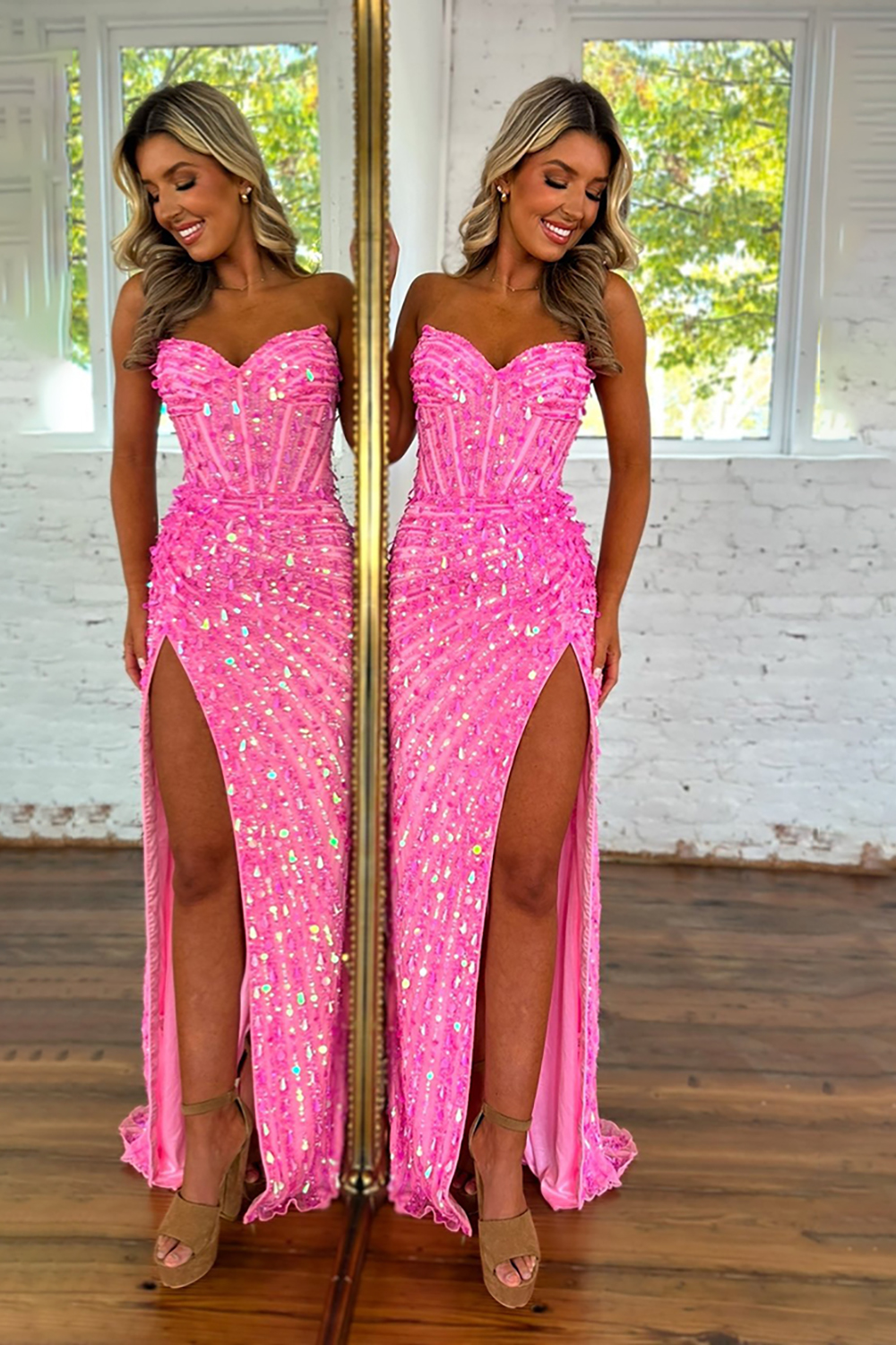 Sparkly Gold Mermaid Sequins Sweetheart Long Corset Prom Dress with Slit