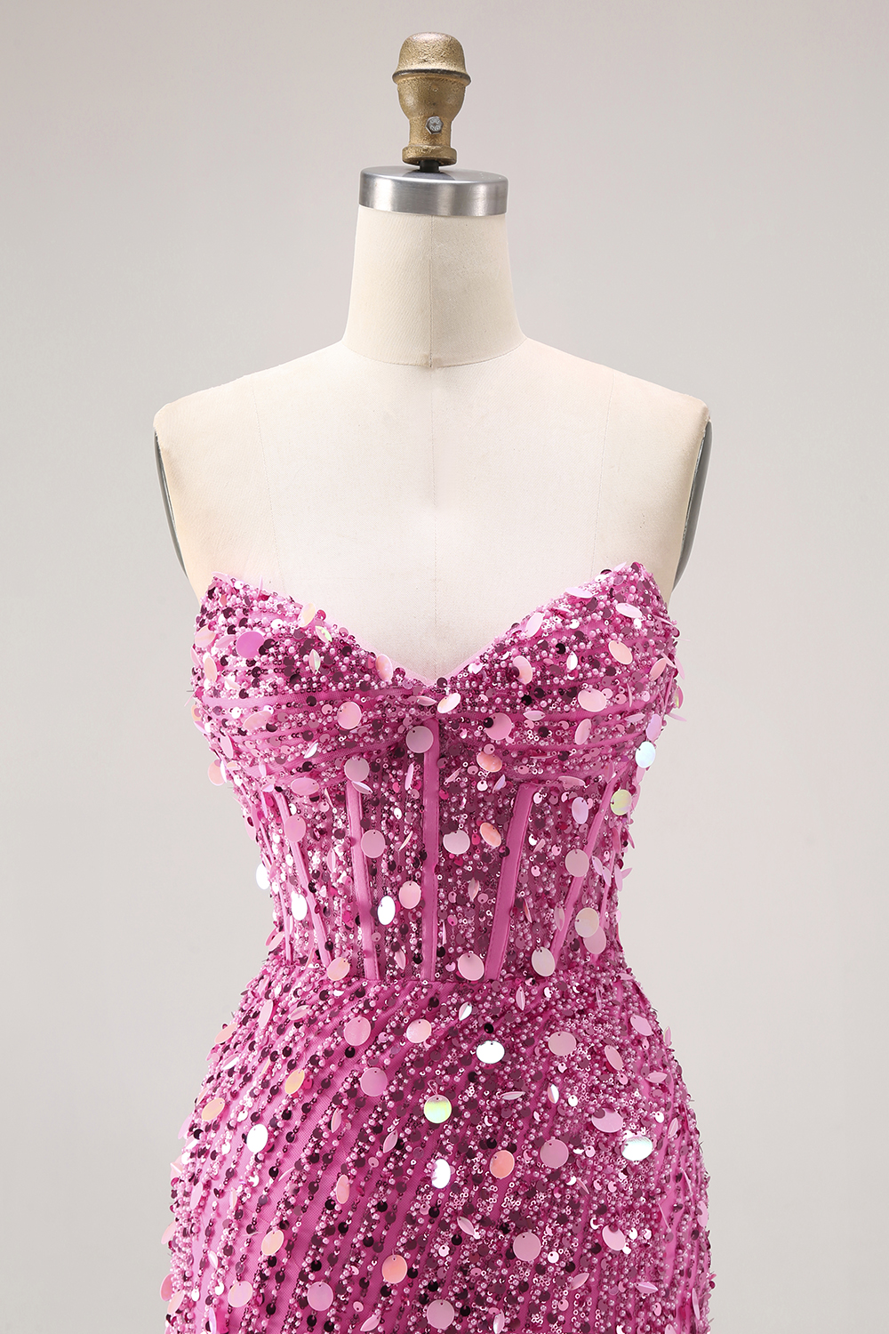 Sparkly Champagne Mermaid Sequins Long Corset Prom Dress with Slit