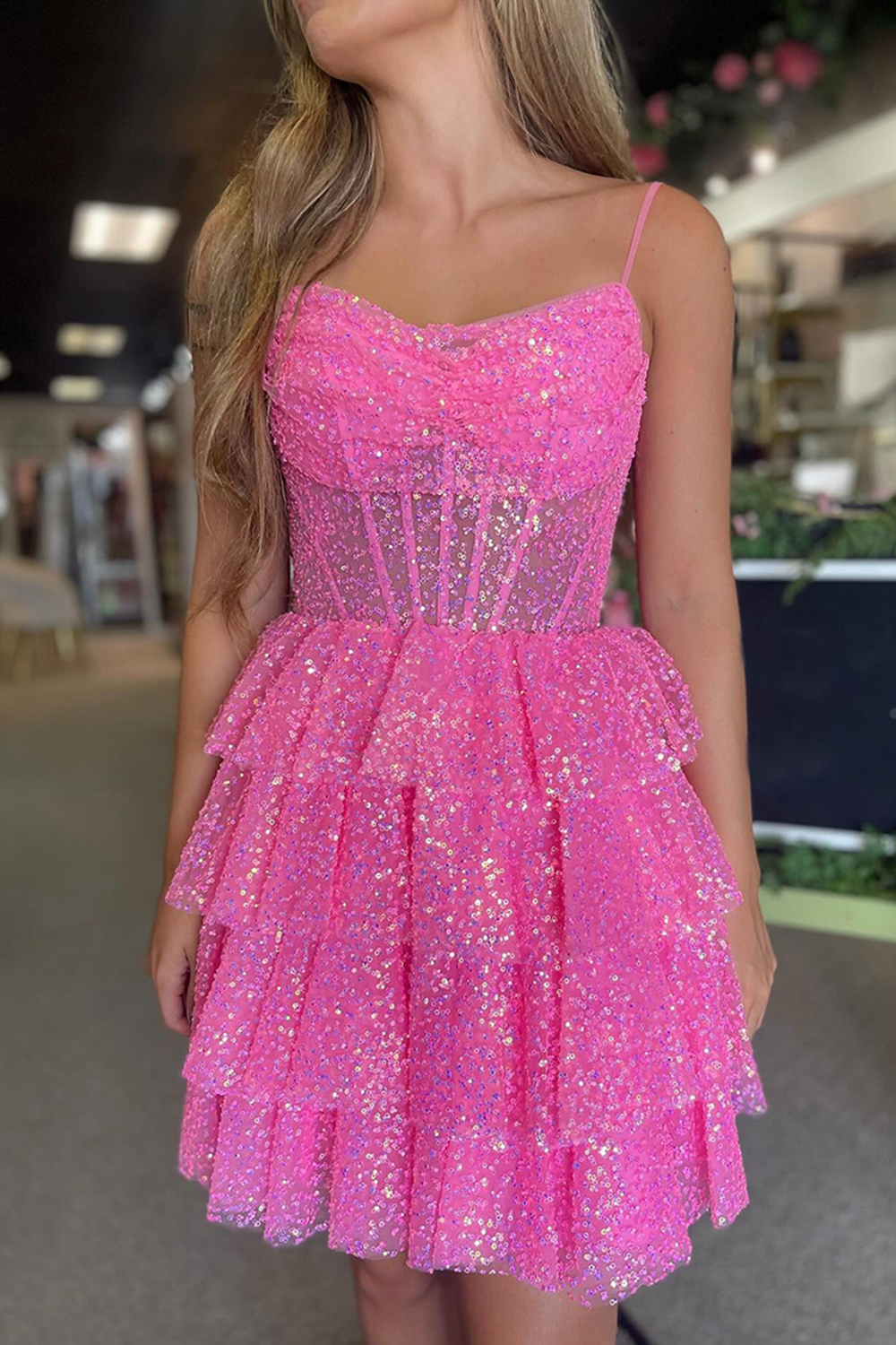 Sparkly Pink Spaghetti Straps Ruffled A-Line Corset Short Homecoming Dress with Sequins