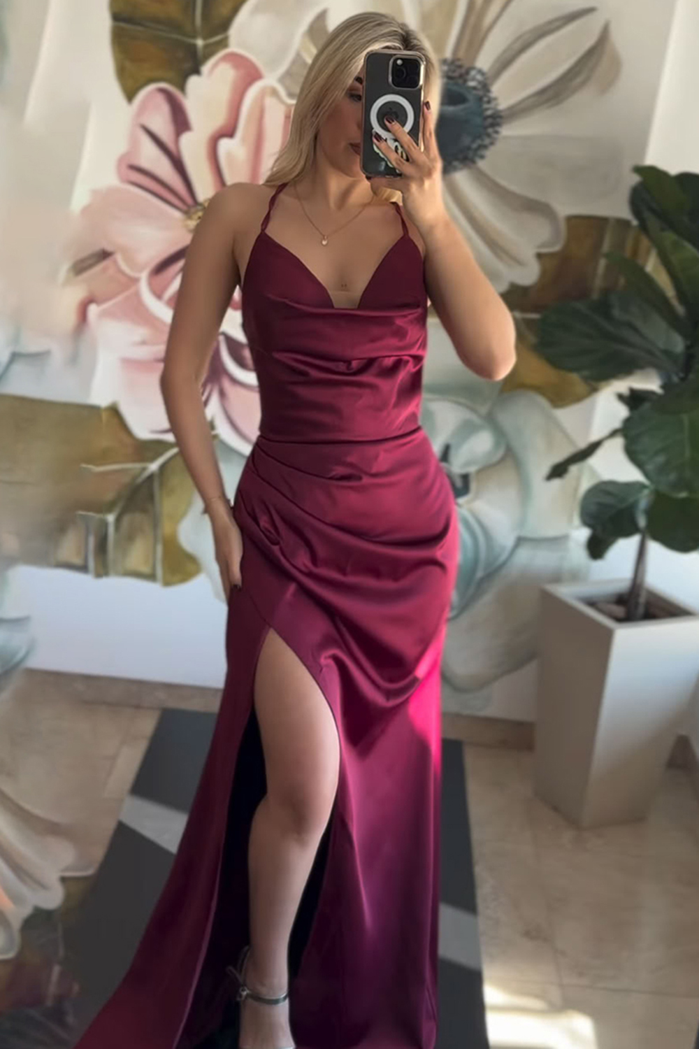 Burgundy Spaghetti Straps Mermaid Satin Long Prom Dress with Slit