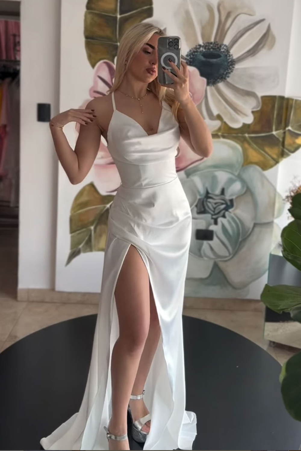 Burgundy Spaghetti Straps Mermaid Satin Long Prom Dress with Slit