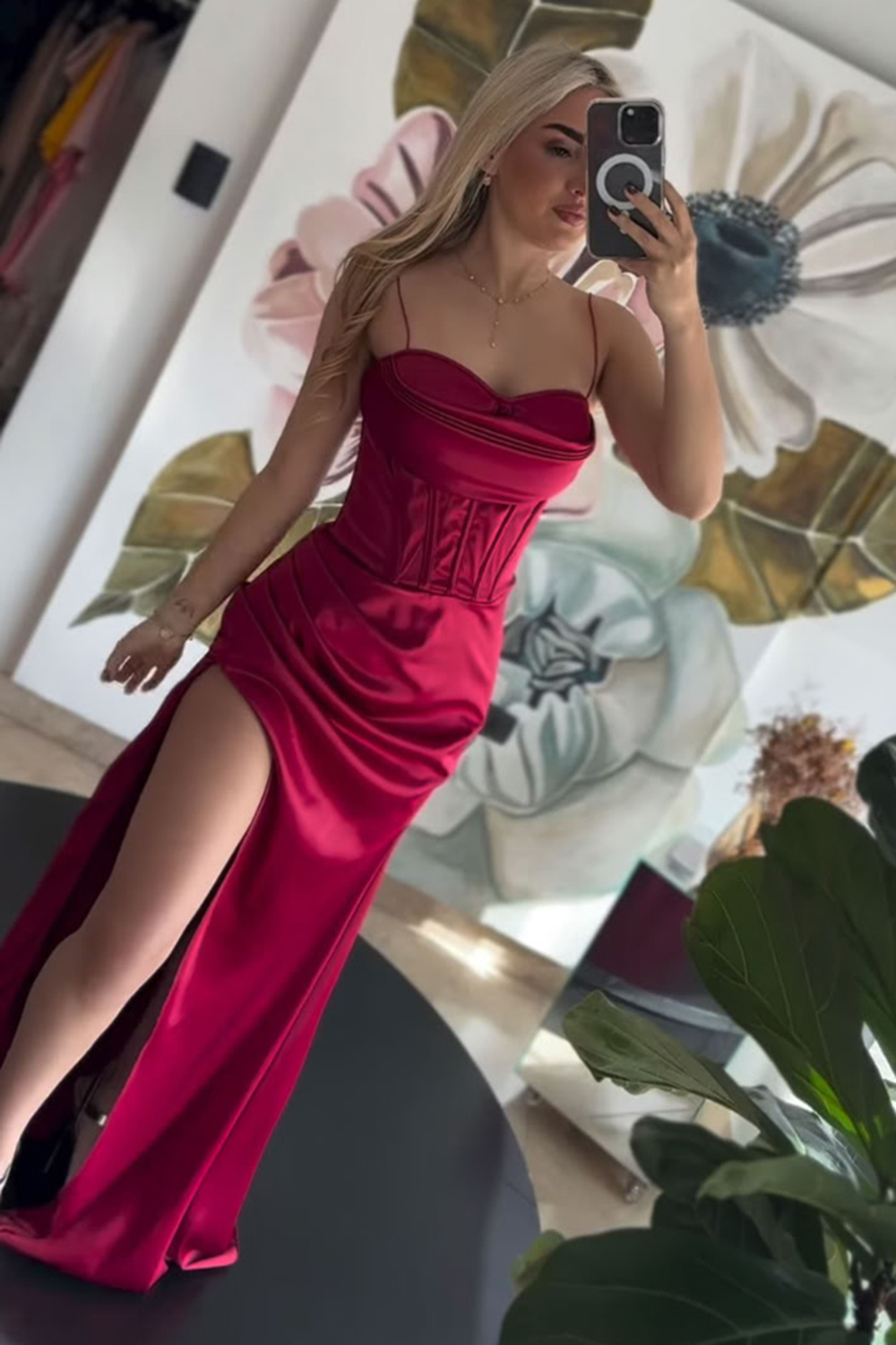 Orange Spaghetti Straps Mermaid Satin Long Corset Prom Dress with Slit