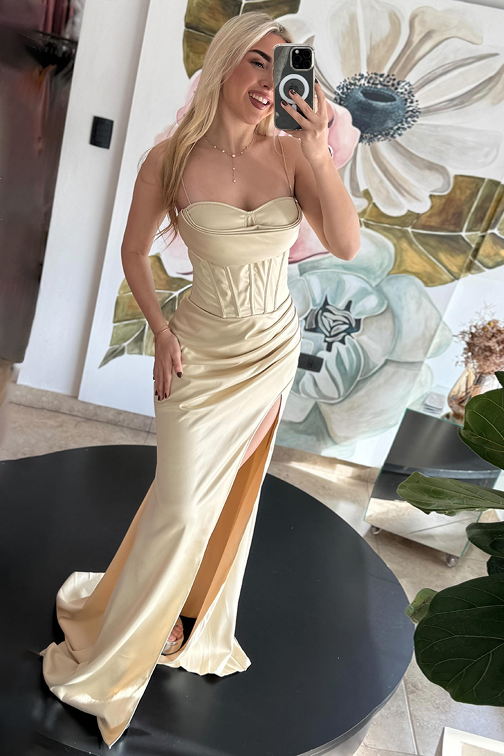 Orange Spaghetti Straps Mermaid Satin Long Corset Prom Dress with Slit