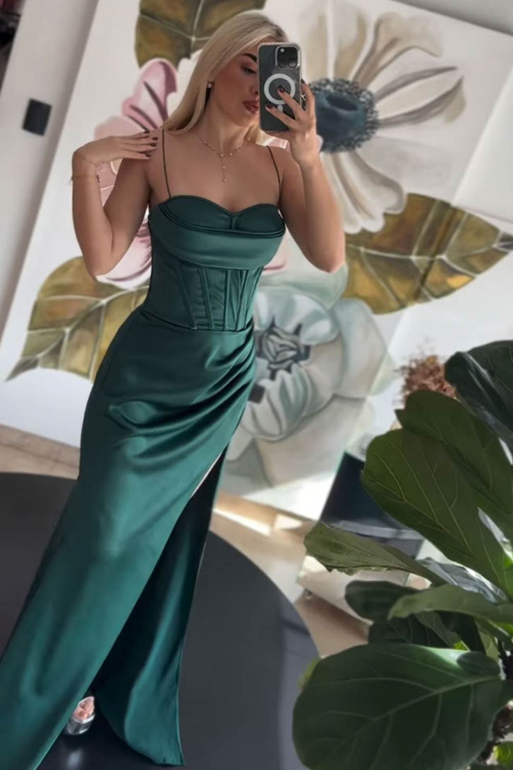 Orange Spaghetti Straps Mermaid Satin Long Corset Prom Dress with Slit