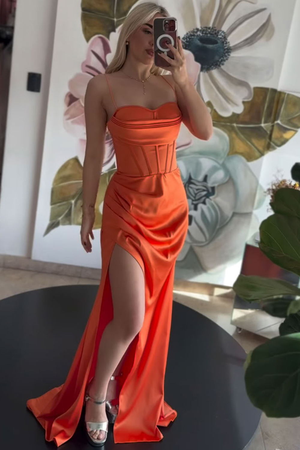 Orange Spaghetti Straps Mermaid Satin Long Corset Prom Dress with Slit