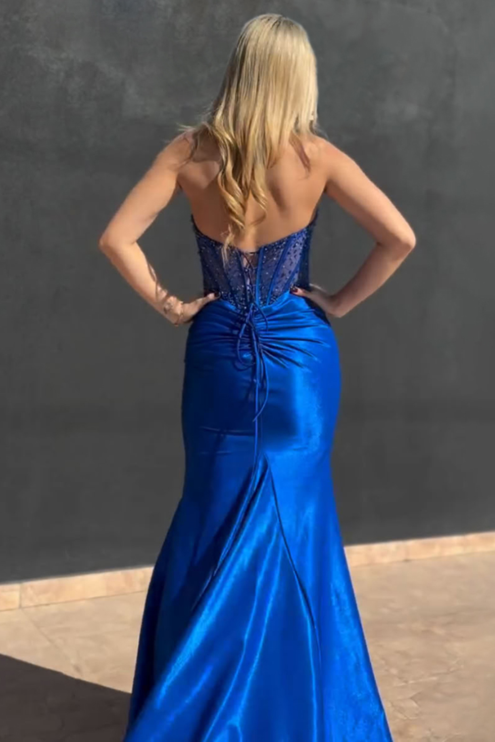 Sparkly Royal Blue Sweetheart Satin Mermaid Long Corset Prom Dress with Beading