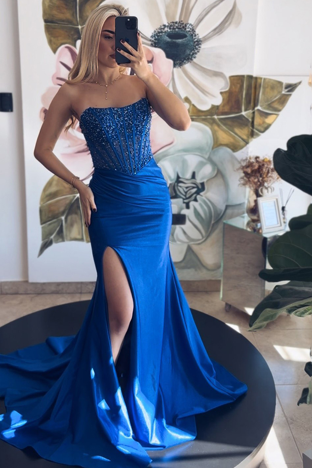 Sparkly Royal Blue Sweetheart Satin Mermaid Long Corset Prom Dress with Beading