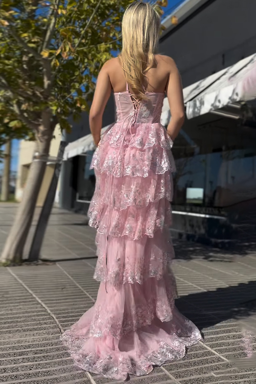 Pink One Shoulder A-Line Tulle Ruffled Long Corset Prom Dress with Appliques