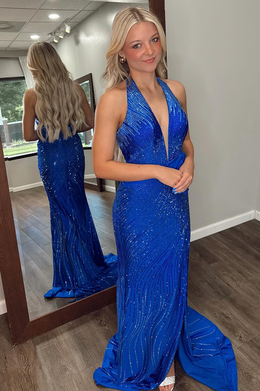 Sparkly Royal Blue Halter Mermaid Satin Long Prom Dress with Beading