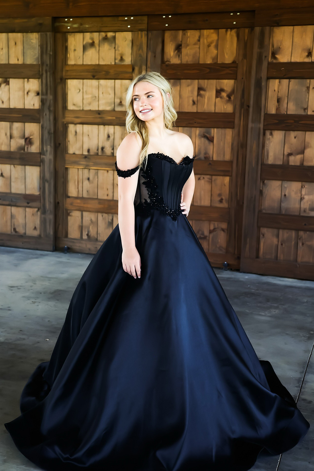 Black Off the Shoulder Princess Satin Long Corset Prom Dress with Appliques