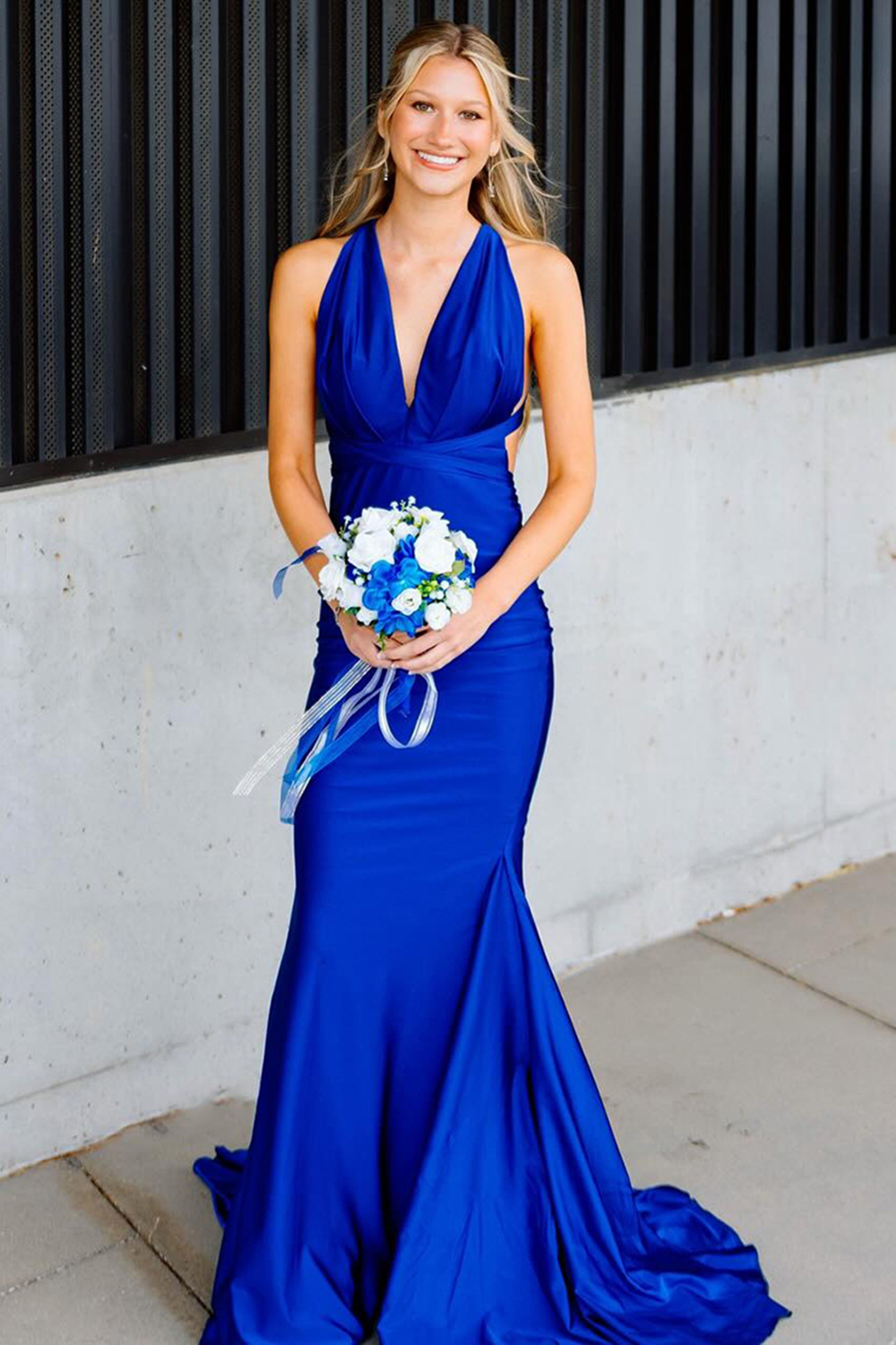 Simple Royal Blue V-Neck Mermaid Satin Long Prom Dress