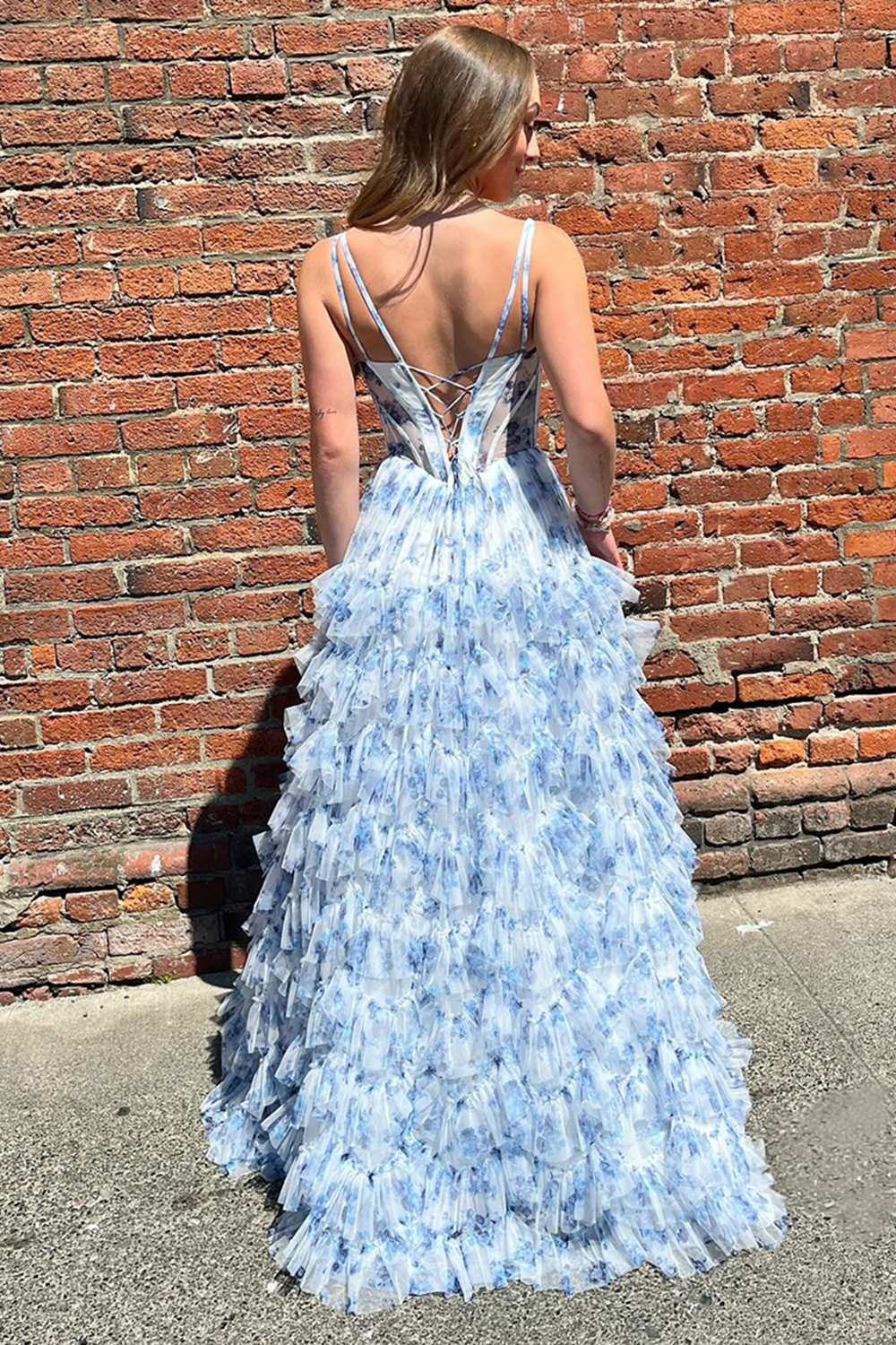 Blue Floral Spaghetti Straps Princess Tulle Ruffled Long Corset Prom Dress 