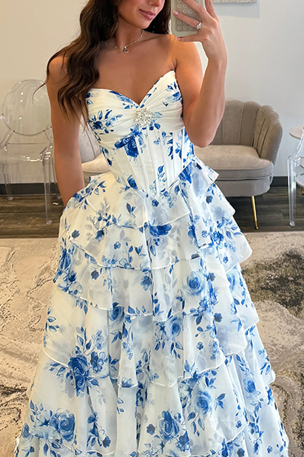 Blue Floral Sweetheart Princess Ruffled Long Corset Prom Dress with Slit