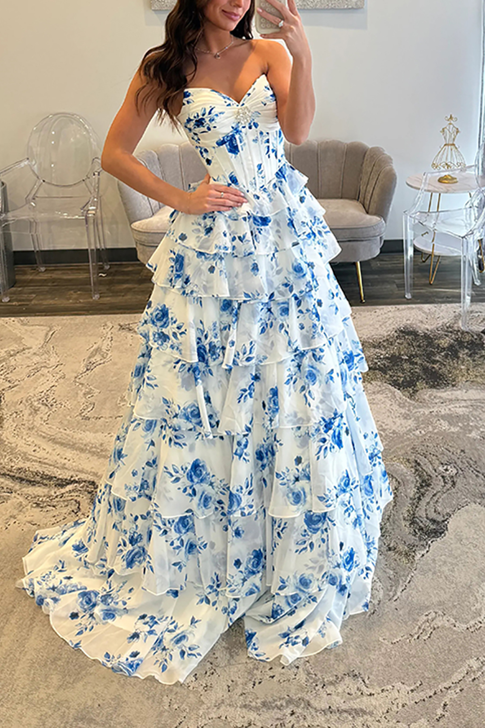 Floral Blue Sweetheart Princess Tiered Long Corset Prom Dress with Slit