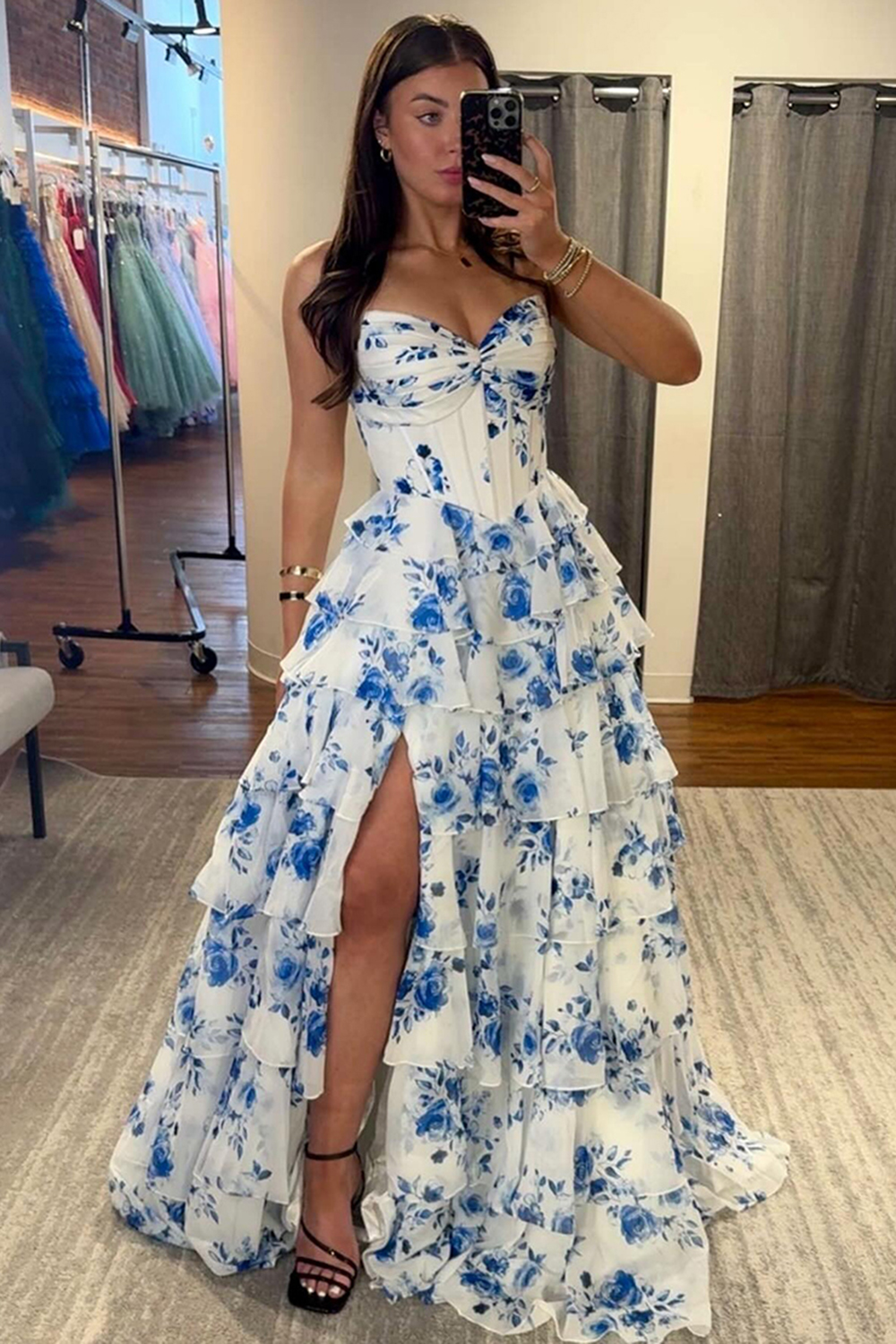 Blue Floral Sweetheart Princess Chiffon Ruffled Long Corset Prom Dress with Slit