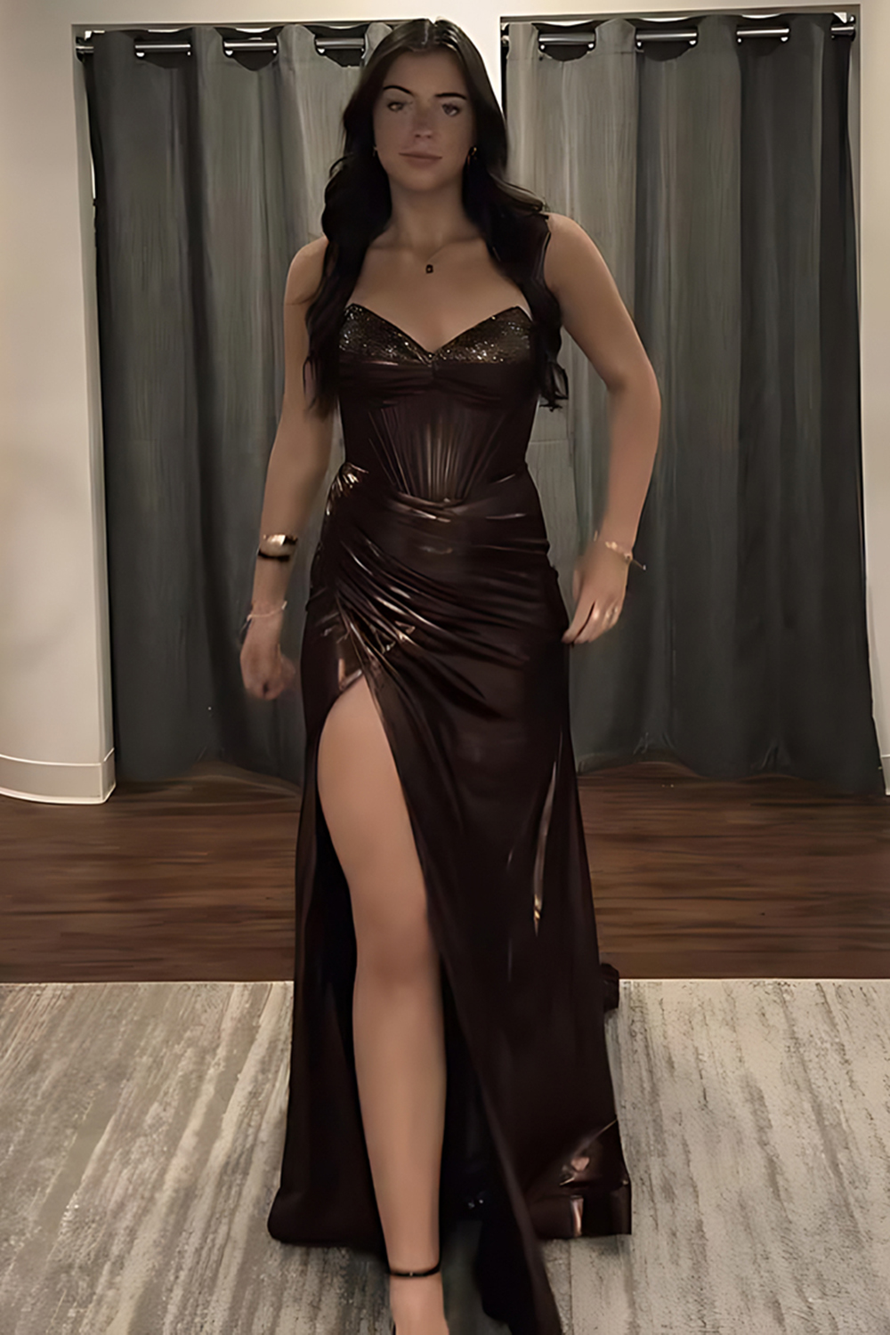 Hellymoon Women Sparkly Brown Metallic Long Corset Prom Dress with Beading Sweetheart Mermaid Formal Dress with Slit