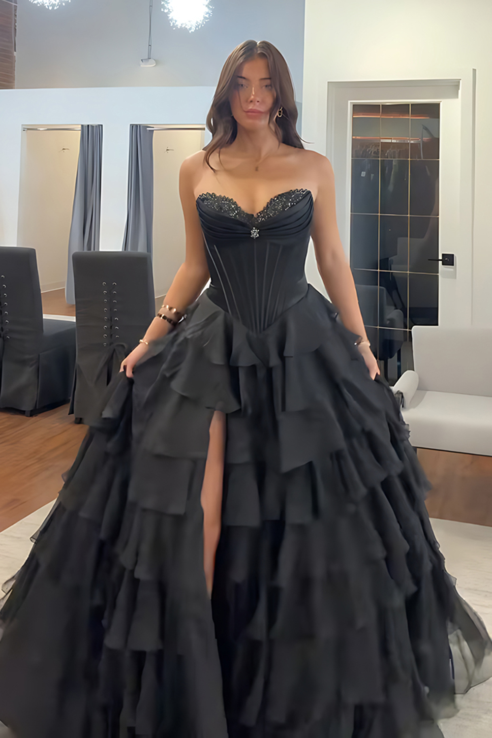 Black Sweetheart Princess Chiffon Ruffled Long Corset Prom Dress with Beading