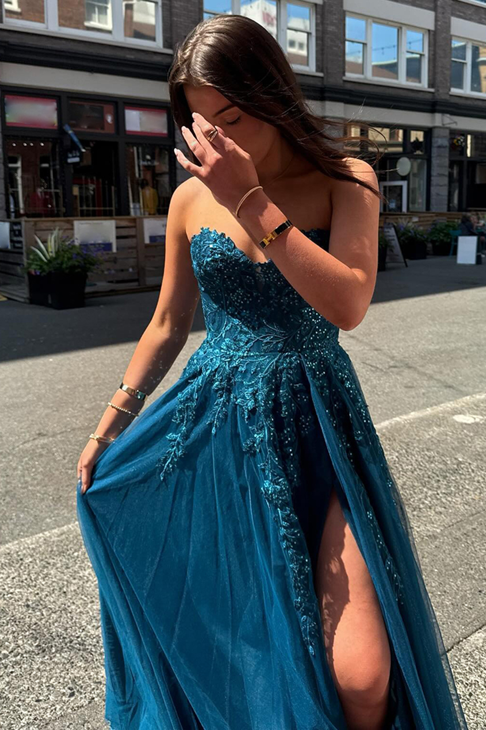 Sparkly Turquoise Green Sweetheart Tulle A-Line Appliqued Long Corset Prom Dress with Beading