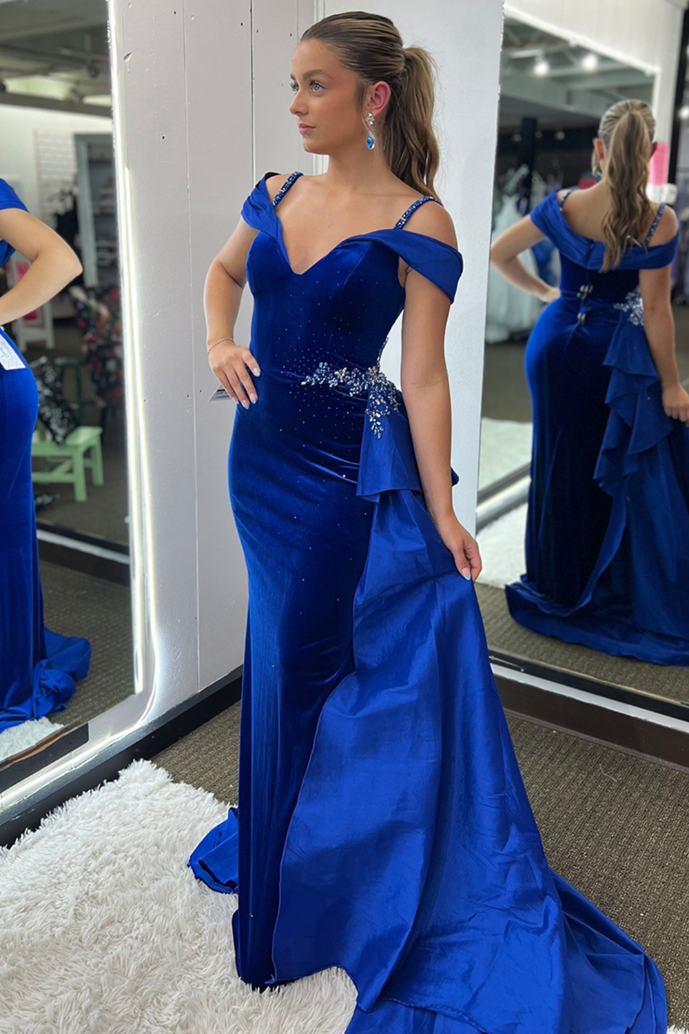 Royal Blue Cold Shoulder Velvet Mermaid Long Prom Dress with Side Cape