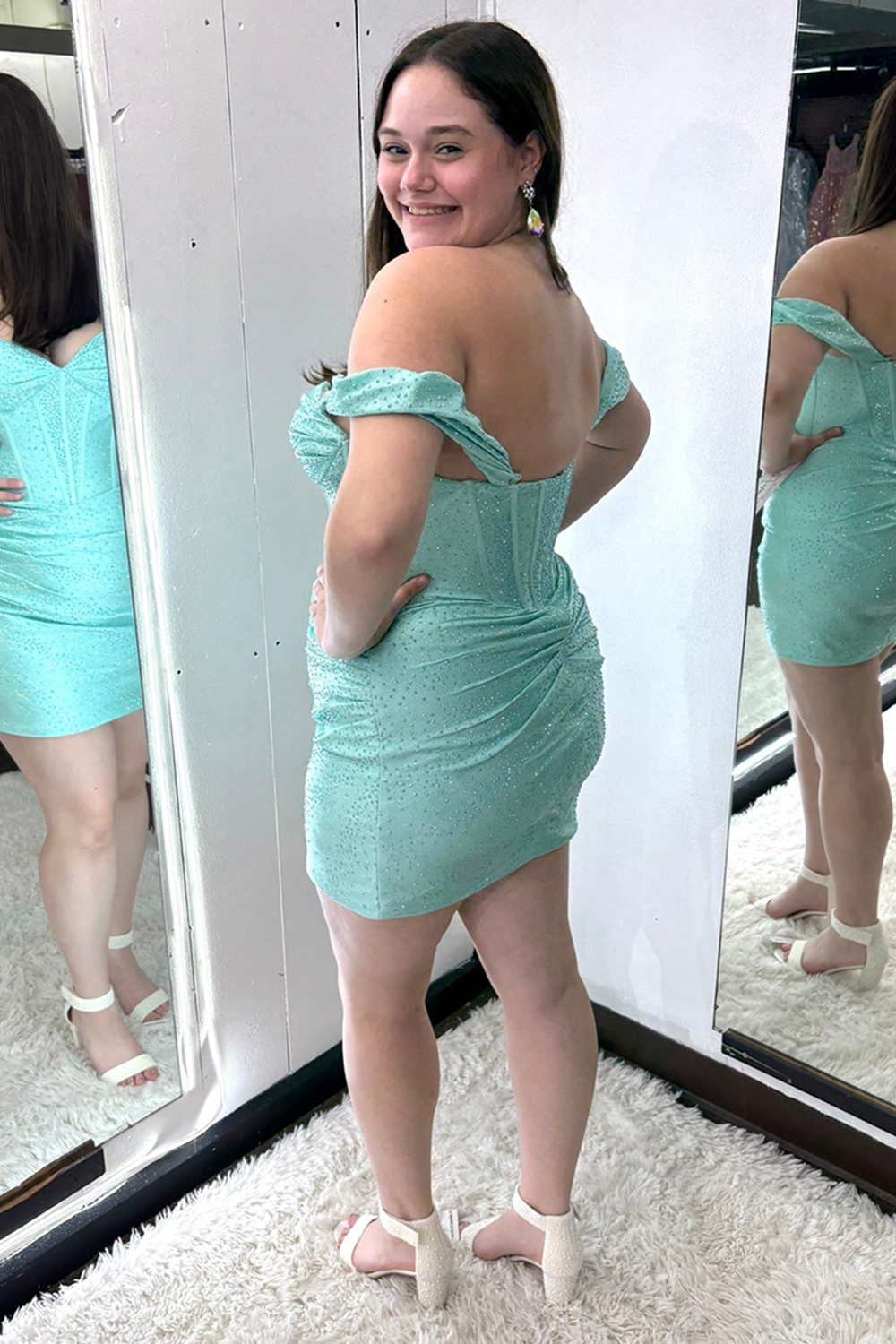 Sparkly Orange Off the Shoulder Satin Tight Corset Short Homecoming Dress with Beading